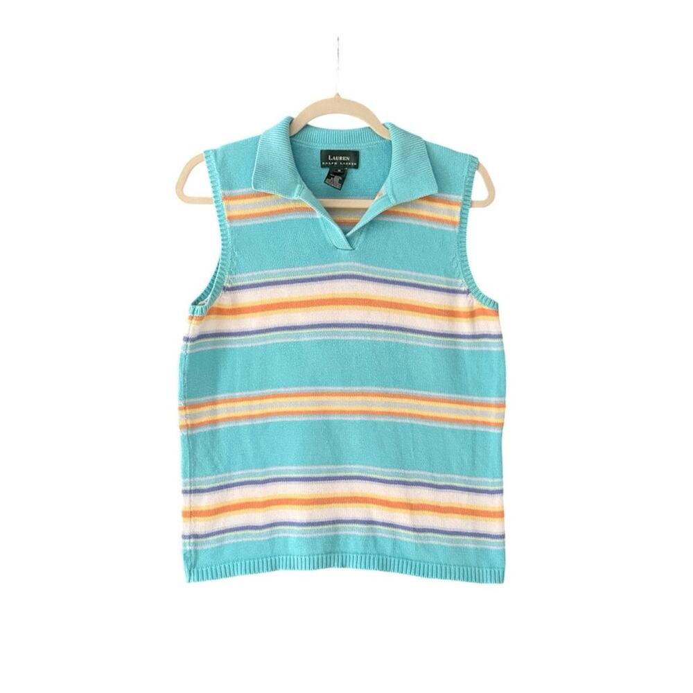 Y2K Lauren Ralph Lauren Aqua Pastels Striped Knit Polo Sweater Vest Size Medium